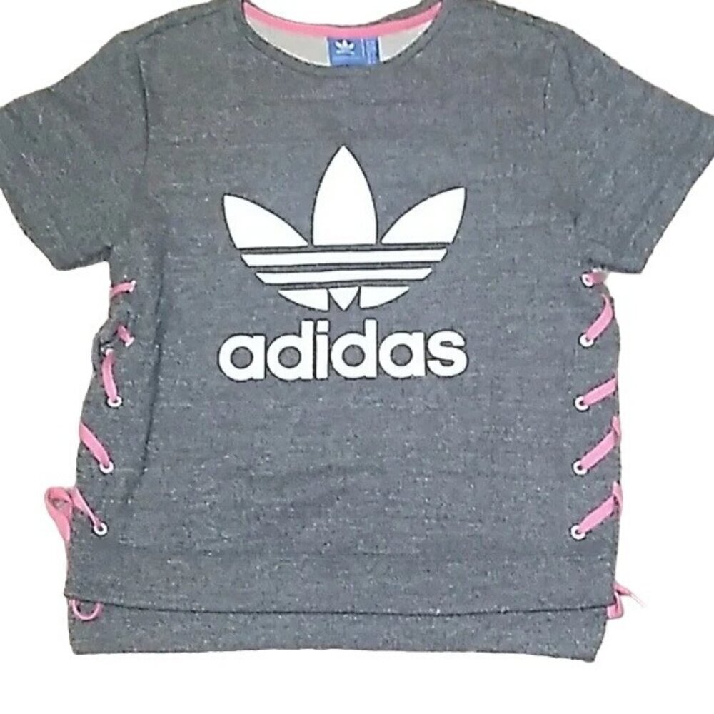 Adidas Originals Gray Trefoil Logo Lace Up Crewneck T-shirt - Picture 2 of 4